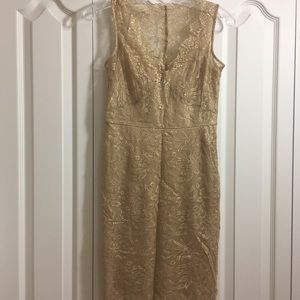 Very elegant gold, lace BCBGMAXZRIA dress.